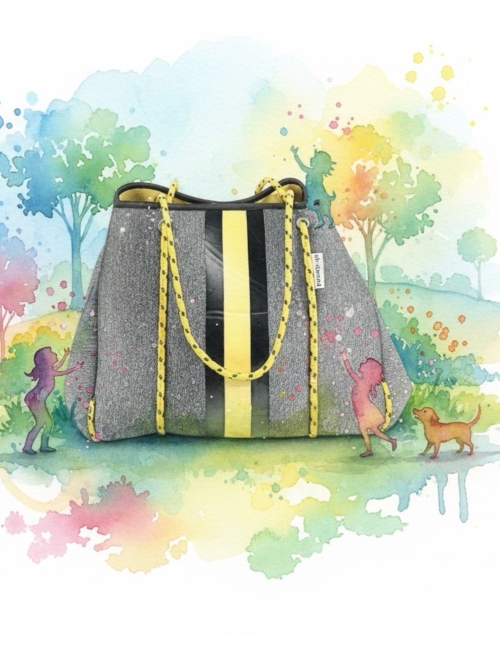AH-DORNED ~ Large Gray Bag w/Yellow Racing Stripe Bungee Cord Style Handle